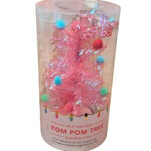 Pink Christmas Desk Tree with Poms Poms and LED Lights